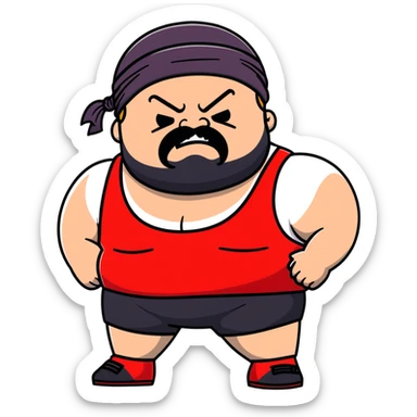 Close-up of morbidly obese white skin guy with young face, prominent BLACK DURAG tied clearly on head, distinct black beard and mustache, no muscle, black eyes in a red and black wrestling singlet with angry face sticker