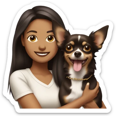 light skin woman with long dark brown hair expressing joy alongside a chihuahua sticker