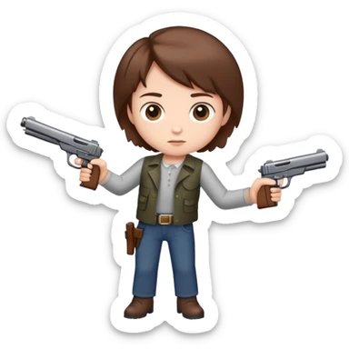 Short kid with brown hair with a gun sticker