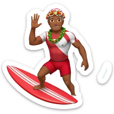 Dark muscular older Hawaiian surfer riding a big wave wearing red shorts a shell lei sticker