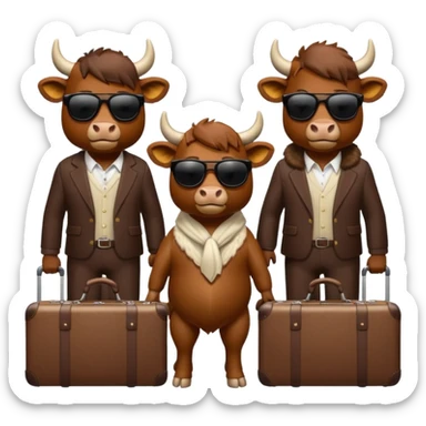 generate an emoji of a group of up to 8 male and female bulls travelling together on holidays. Include sunglasses and suitcases sticker