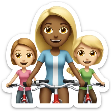 3 women riding bikes. 1 with blonde hair, 2 with brown hair sticker