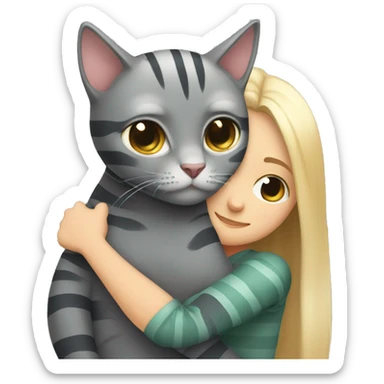 gray cat with dark gray stripes hugging a fair-haired girl sticker