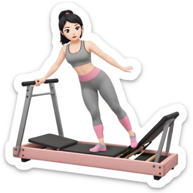 Create a Pilates emoji: a girl with fair skin and black hair, wearing a grey bra and grey leggings with pink pilates socks, exercising on a wooden reformer and not looking at the camera. Make the colors neutrals. sticker