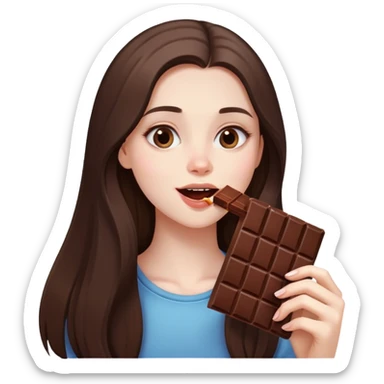 beautiful pale brunette girl with long hair eating a bar of chocolate  sticker