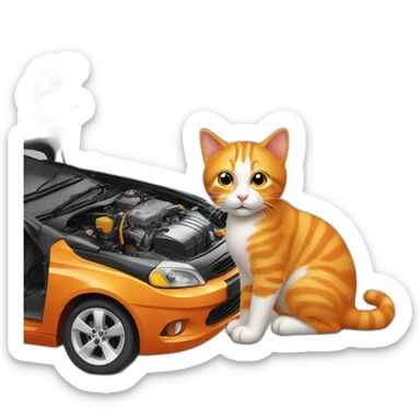 orange cat checking car engine sticker