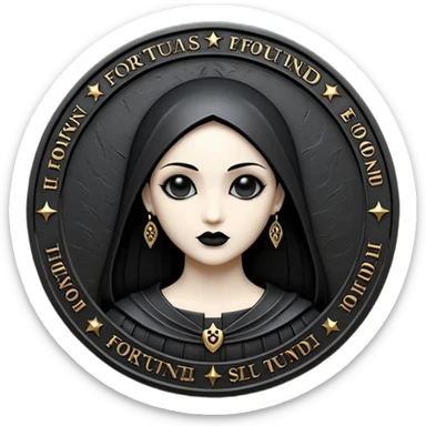 Emoji style, luxury gothic coin made of blackened metal, “FORTUNA” engraved in refined fashion typography, heavy sculptural form, subtle worn metal texture, avant-garde editorial aesthetic, no glow, no neon, flat emoji design, centered, transparent background sticker