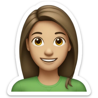 Woman with straight brown hair, big smile, green shirt sticker