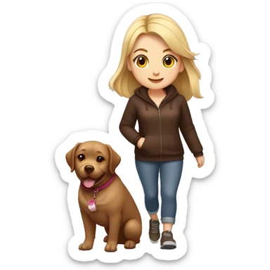 chubby girl with blond highlights in hair walking a chocolate labrador sticker