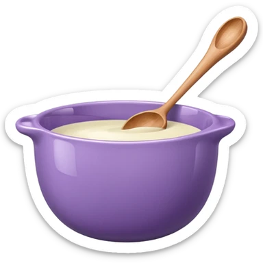 a lilac ceramic mixing bowl with a wooden spoon stirring sticker