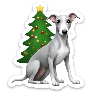 Christmas tree with a grey whippet sat by it sticker