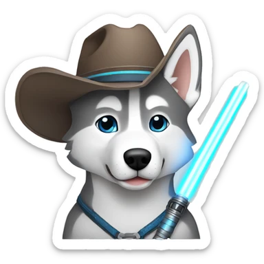 Gray Siberian Husky with blue eyes Jedi holding lightsaber cowboy hat  sticker