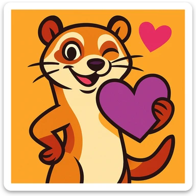 flirtatious ferret with a purple heart, vibrant toon style, winking and smiling sticker