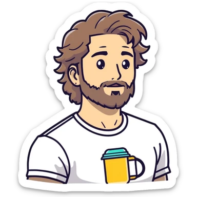 light skin man with a faded beard, wavy hair, and a mullet, wearing a t-shirt and AirPods, cartoonish sticker style sticker