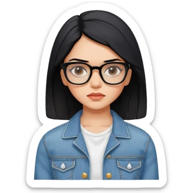 generate a pretty bratz emoji 
Make her wear a white dress with a denim jacket over it. black hair side part 

She should look exactly  like Deepika padukone! wearing tiny rectangular spectacle, looking sad sticker