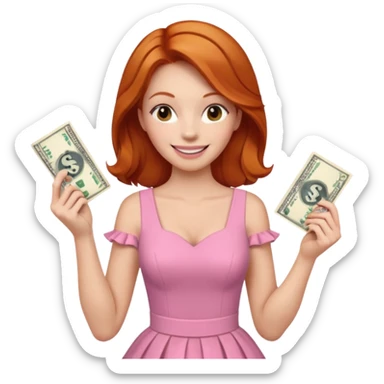 ginger hair Woman wearing pink dress holding dolar sticker