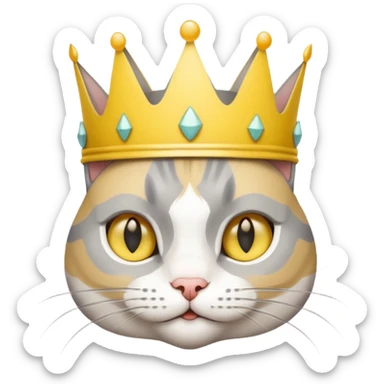 gray and white cat wearing a yellow paper crown  sticker