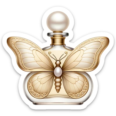 A delicate butterfly with wings in soft beige and pearl hues, resting gently on a vintage perfume bottle.
 sticker