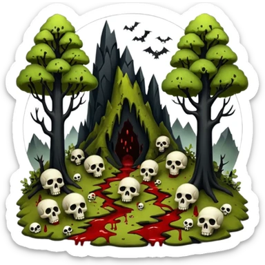 Creepy Alaskan sasquach woods make the trees smaller and covered in moss with skulls coming out of the ground and blood dripping mountains in the back ground  sticker