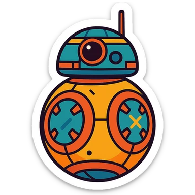 cute cartoon droid inspired by Star Wars, round body, antenna, vibrant toon style sticker