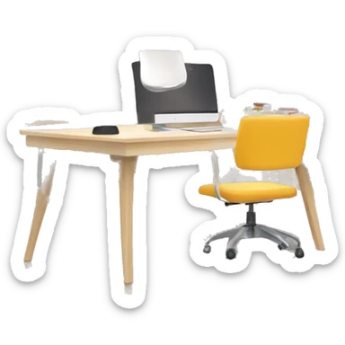 bright, modern workspace with light wood, white tables, and a colorful bookshelf sticker