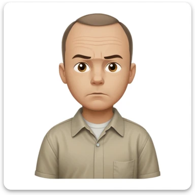 Carl from Sling Blade, serious expression, recognizable features, chin sticking out, slouching posture, no glasses, shirt with collar,  side view,show his entire body, he is standing. we see him from the side. Not frontal view. Side view. He sticks his head forward sticker