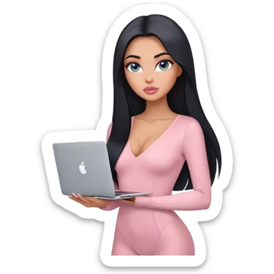 Glamours, tanned, very beautiful girl, with big pump peach-beige-rose lips, long lashes, black straight smooth silky long hair, straight parting hair, blue-grey eyes, in light-pink v-neck bodysuit holding MacBook sticker