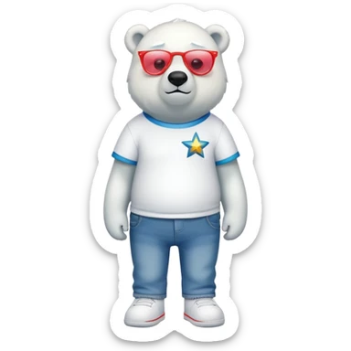 friendly anthropomorphised polar bear standing upright, looking chilled and unbothered, wearing a shirt, jeans, trainers, star-shaped colorful glasses sticker