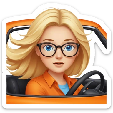 Cinematic realistic blonde with blue eyes and glasses, driving an orange car, her hair fluttering slightly in the wind sticker