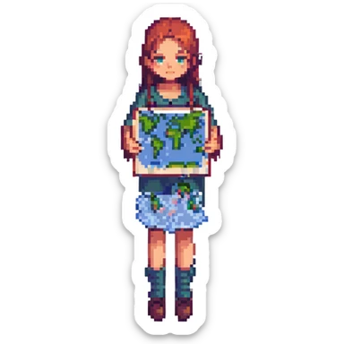 a girl holding a map, pixel art style sticker