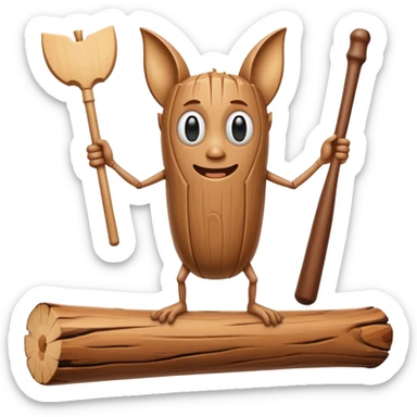 The character is an anthropomorphic wooden log with a cartoonish face, human arms and legs, and a long wooden bat, giving it a surreal, humorous appearance. sticker