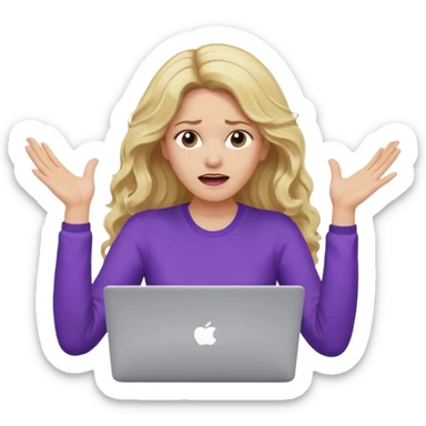 lady with long blonde wavy hair, purple top throwing her with a laptop looking exhausted sticker