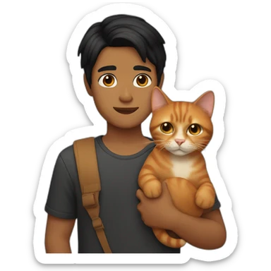 brown boy with shoulder length black hair holding a ginger cat sticker