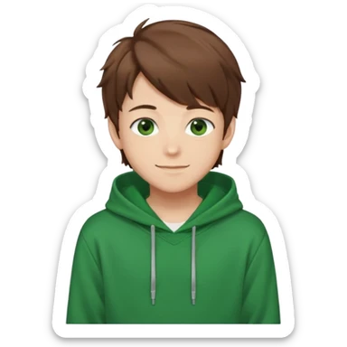 Anime teen boy with brown hair, green eyes, and a green hoodie, looking smiling slightly sideways positioned. 128px sticker