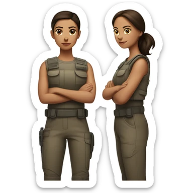 Brunette sisters standing back to back with arms crossed ready for combat sticker