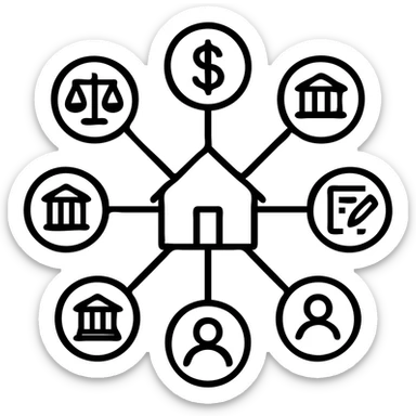 Ícono de real estate que refleje que nuestro equipo cuenta con una red de aliados de élite (abogados migratorios, brokers financieros, contadores, bancos, arquitectos, property managers y más) sticker