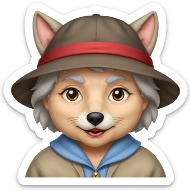 The big bad wolf is wearing Grandma's clothes and a hat, yet its face still looks like a wolf's. sticker