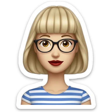 caucasian woman with square black glasses, straight bangs, red lipstick, blue and white striped t shirt sticker