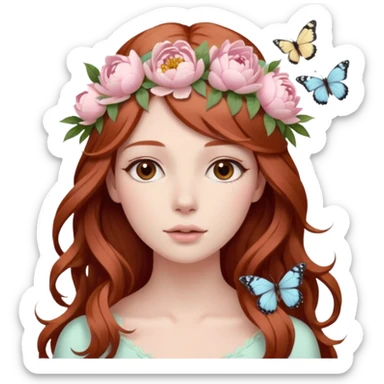 Woman with long flowing auburn hair wearing a pastel flower crown with pale pastel pink peonies and cream colored roses and butterflies in it sticker
