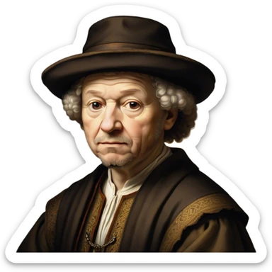 Cinematic Realistic portrait of Rembrandt, shown as a master artist with deep, introspective eyes and richly detailed period clothing, rendered with dramatic chiaroscuro lighting that emphasizes his legacy sticker