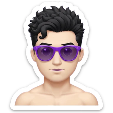 shirtless male athlete with white skin and moderately curly black hair on top with shaved sides, wearing purple sunglasses with black tinted lenses sticker