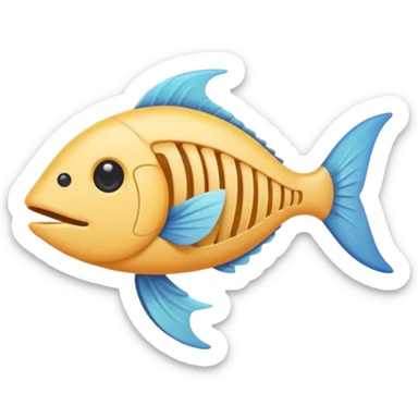 A simple emoji-style fishbone — cartoon look, clean outline, pastel colors, with a rounded fish head, hollow eye, and clear rib bones leading to a tail. Minimal, cute, and high contrast without any cat shown sticker