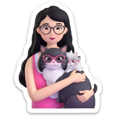 Skinny woman with oval glasses, long straight black hair, pink cheek blush, wearing white sleeveless top, hugging a grey Persian-Angora cat, plain background sticker
