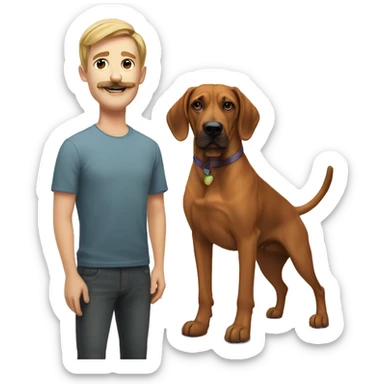 white male with long rainbow colored and a curled mustache hair standing alongside a brown rhodesian ridgeback dog sticker