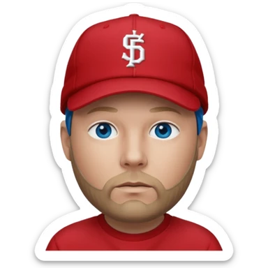 Fred Durst with dark blonde hair, blue eyes, red outfit and cap sticker