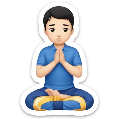 In Niño de cabello negro , arrodillado orando con polo azul sticker