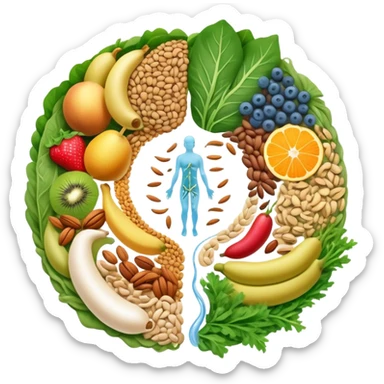 Whole grains, beans, lentils, colorful fruits, leafy greens, and small nuts surrounding an ethereal digestive system with visible intestinal tract. Gentle cleansing light flows through the intestines like a magical river, showing fiber's purifying effect. sticker
