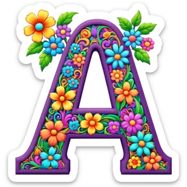3D, gothic style psychedelic colored Letter A with hippie style flower border sticker