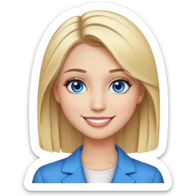 Crea ragazza bionda (scura con qualche schiaritura) e capelli dritti , carnagione chiara , occhi azzurri , truccata ma non trpppo e vestita bene che sorride  sticker