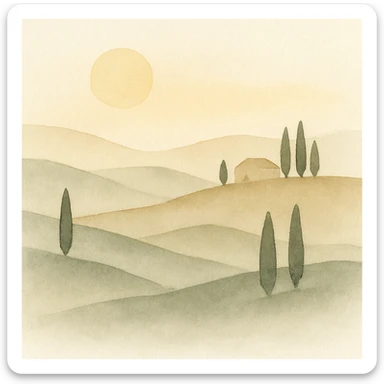 Tuscany hills landscape at sunset, warm golden light, rolling hills, cypress trees, scenic view, painterly style sticker